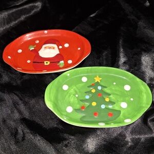 2 Vintage Christmas Candy Dishes~East West Distributing~Serving Trays~Santa~Tree